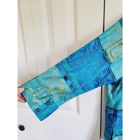 Chico's Design 1 Blouse Size Med. Button-Up Beaded Sequin Aqua 3/4 Slv. Vintage - Picture 5 of 8